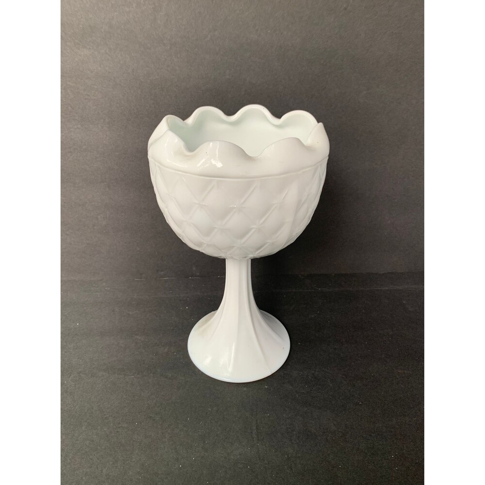 Mid-Cen 9” Quilted Diamond Milk Glass Pedestal Compote Dish Folded Scalloped Rim